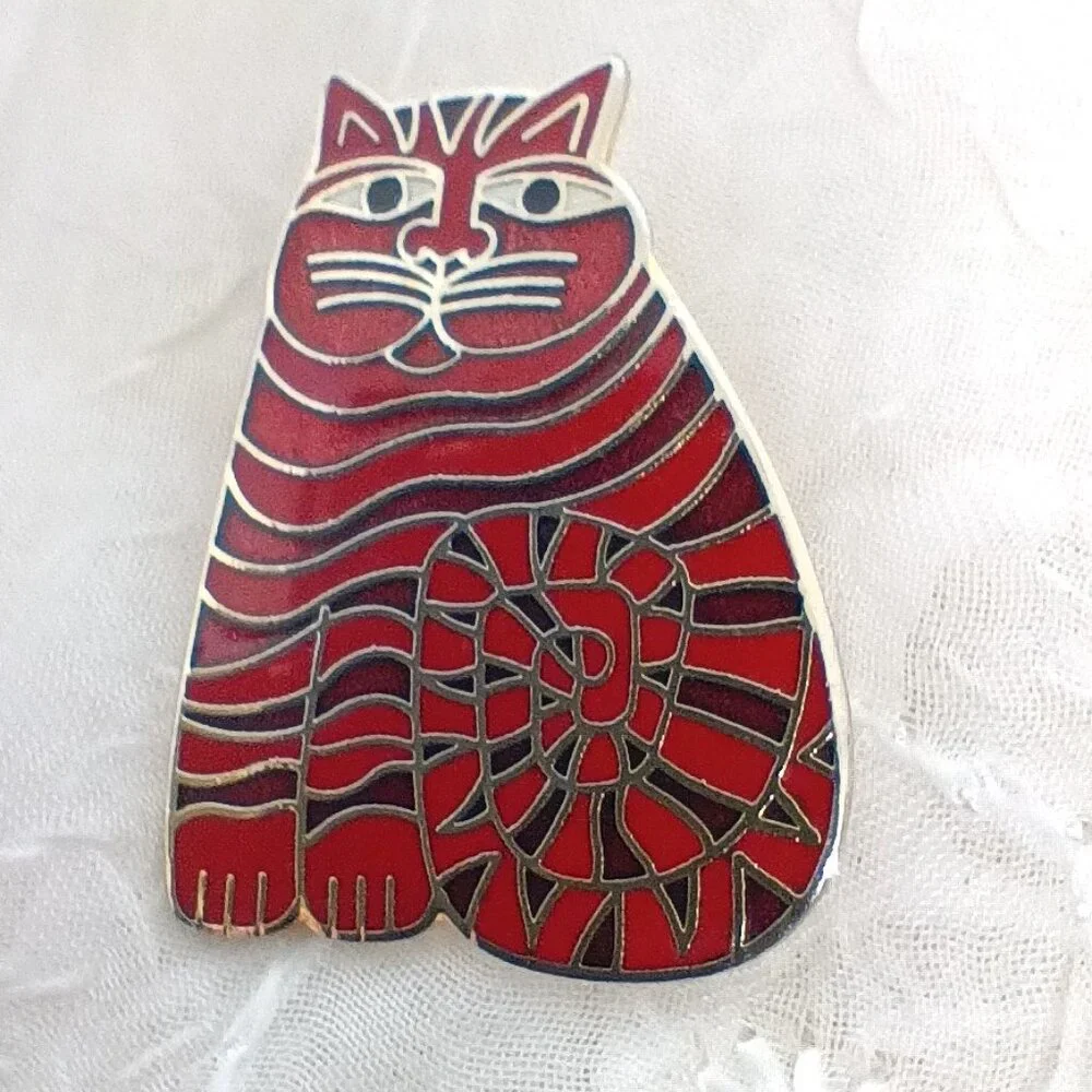 Laurel Burch Shambala Cat Brooch Red Gold Tone Enamel Striped Kitty Pin VTG - Picture 3 of 4